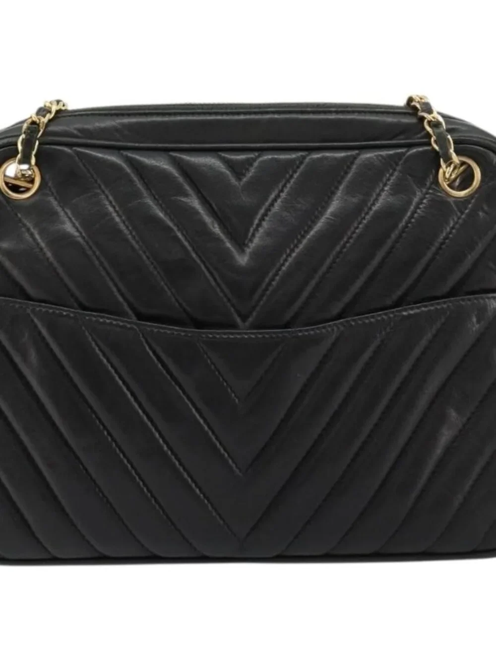 CHANEL V Stitch Chain Shoulder Bag Lamb Skin Black Gold CC Auth BA13037